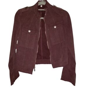 Joie Burgundy Zip Fitted Jacket Cotton Twill Raw Hem Edge Bell Sleeve Coupe Cut